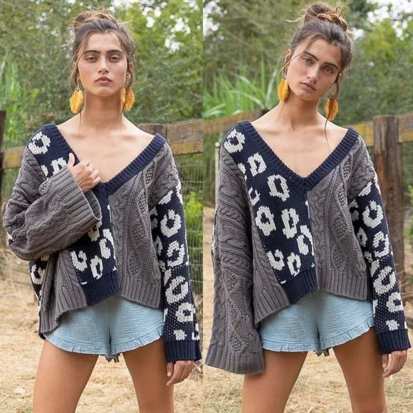 NEW POL Mix Leopard Cable Knit Deep V Neck Oversize Slouchy Pullover Sweater Top - Picture 2 of 10